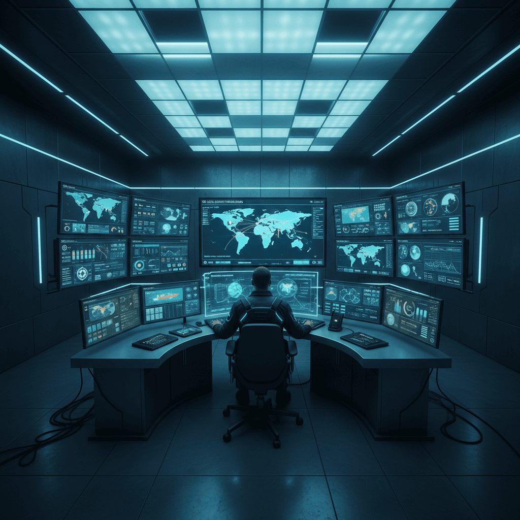 Dispatch center with multiple monitors showing shipment tracking maps