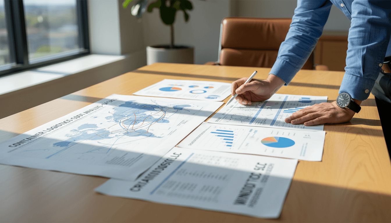 Consultant's hands analyzing shipping routes and logistics documents on a modern office desk.