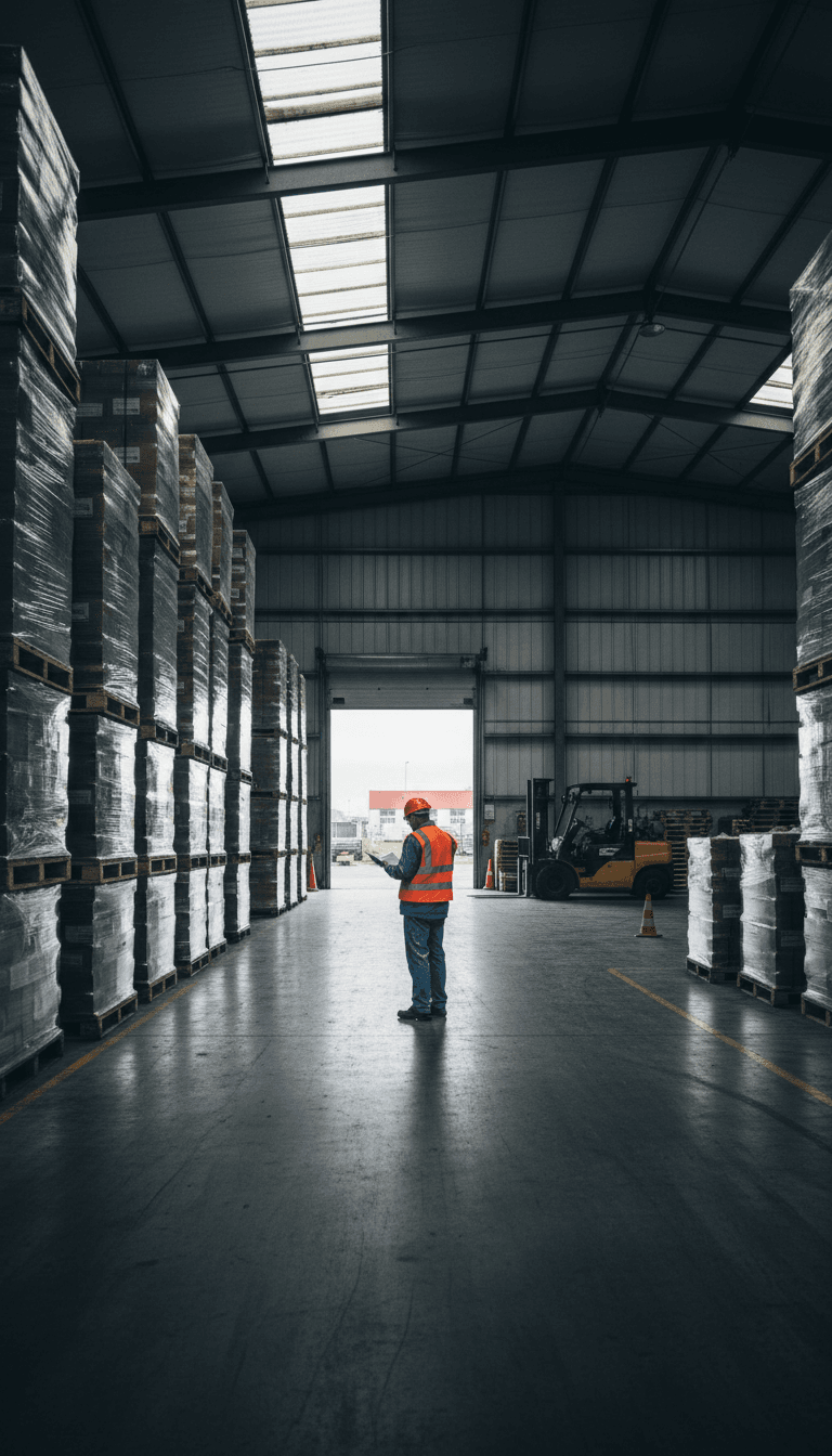 Warehouse worker reviewing logistics clipboard near loading dock with stacked pallets