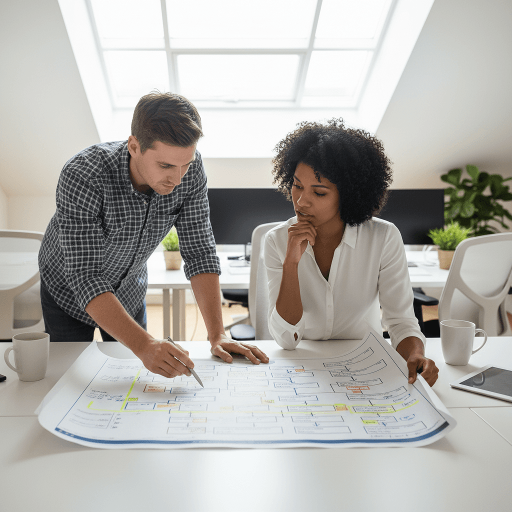 Two office workers reviewing a printed process map at a desk