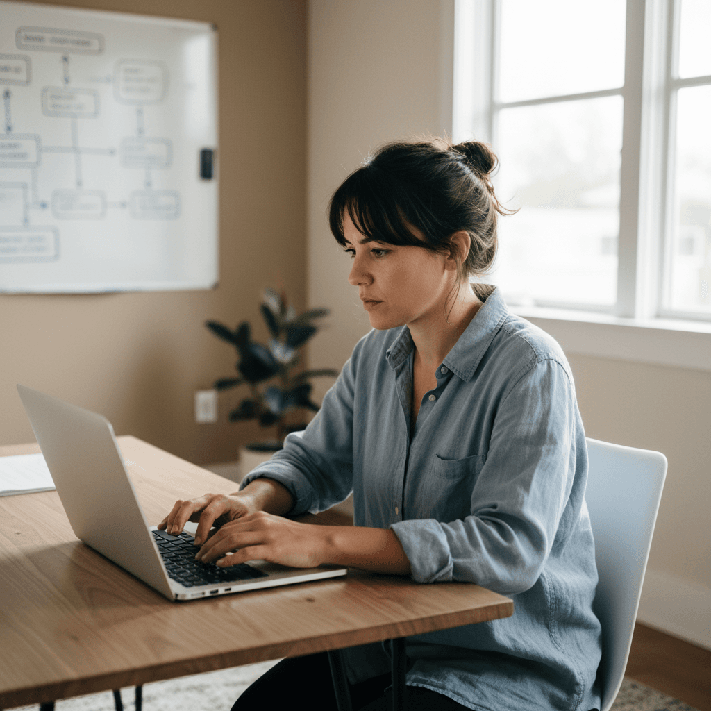 Solopreneur working at a laptop with a workflow diagram whiteboard nearby