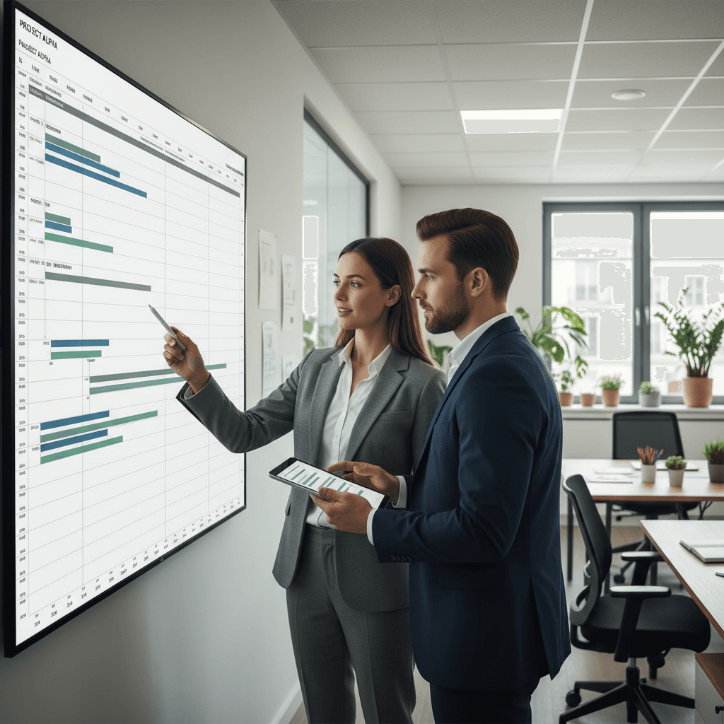 Operations manager reviewing a project schedule with a colleague