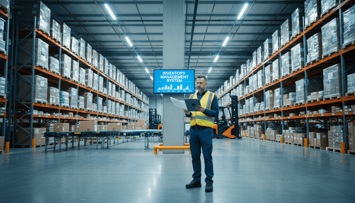 Warehouse supervisor reviewing inventory in a modern distribution center