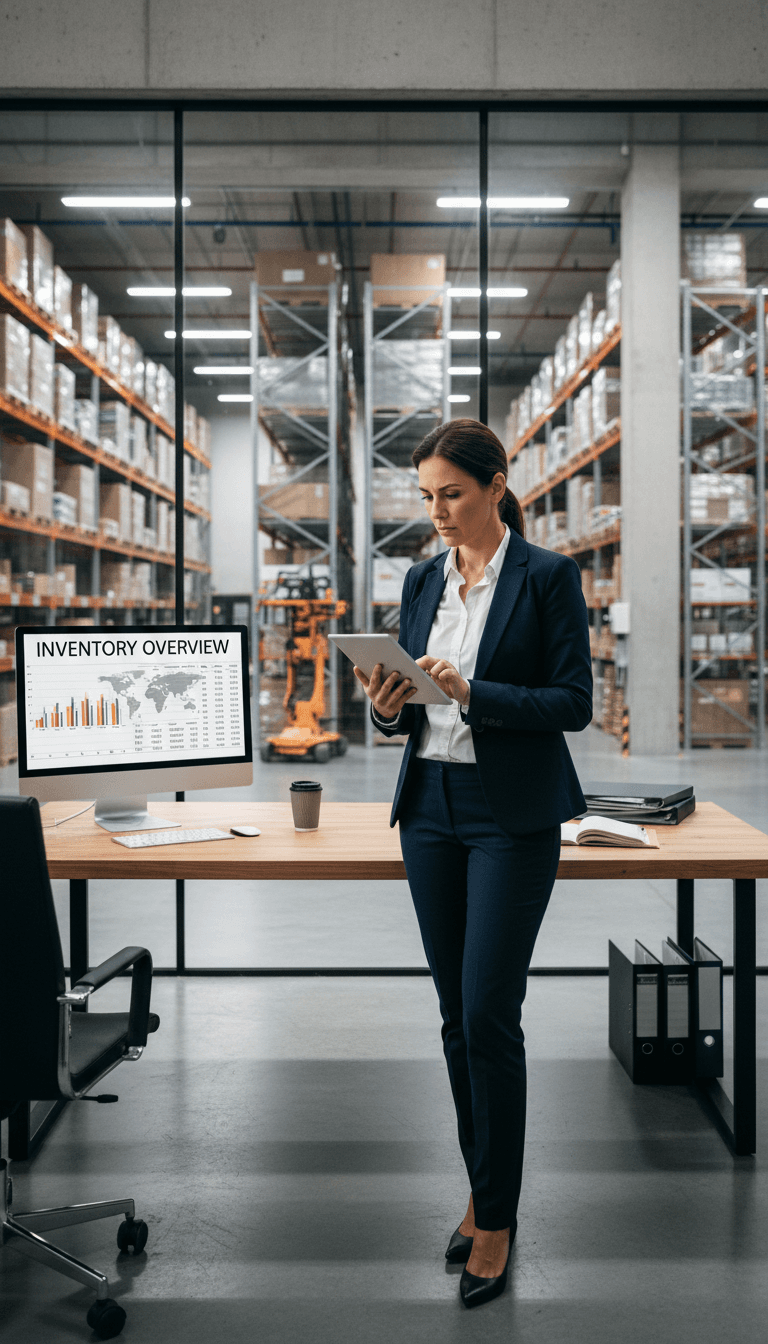 Professional logistics manager reviewing inventory reports on tablet in modern warehouse office