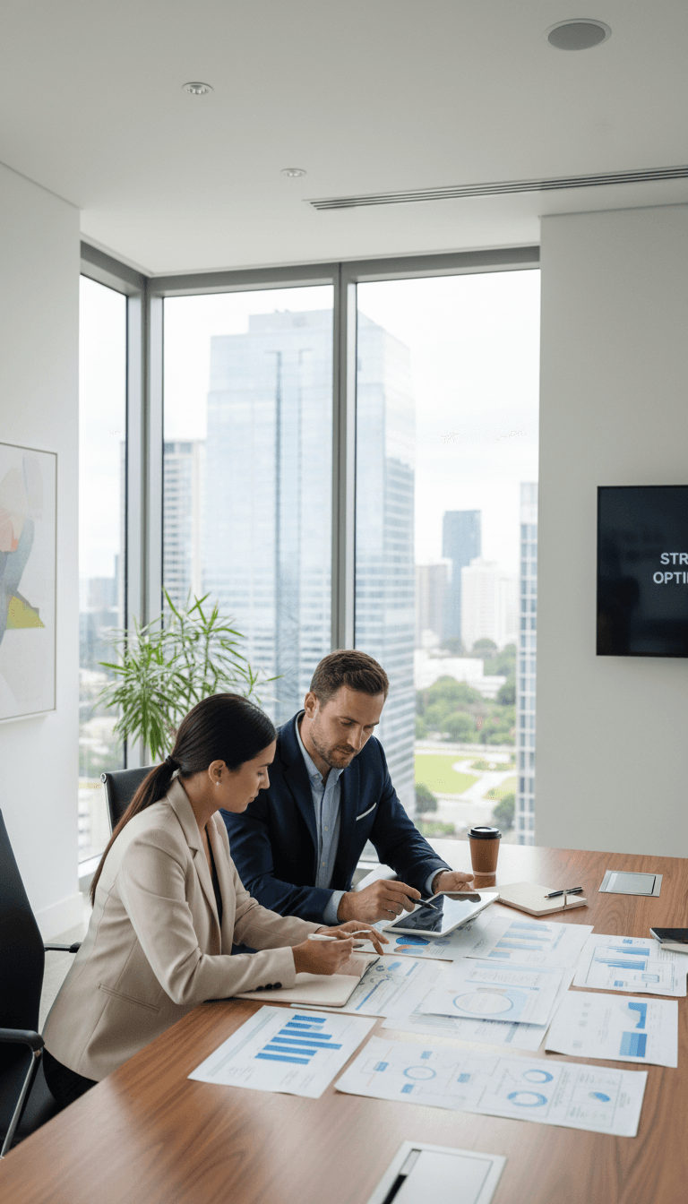 A consultant and a client review workflow documents together at a clean modern desk