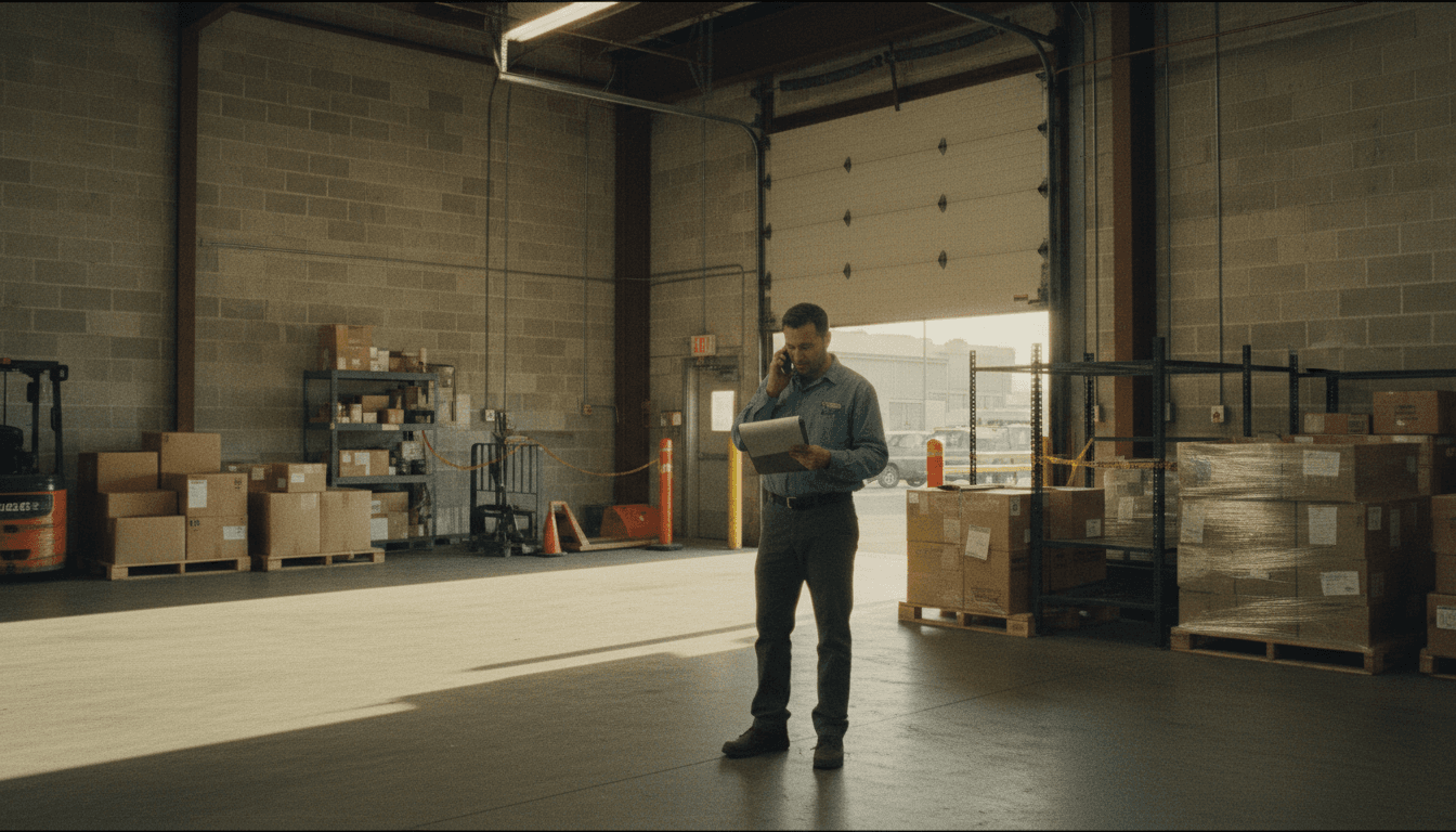 Person in a distribution center talking on a phone while holding a clipboard