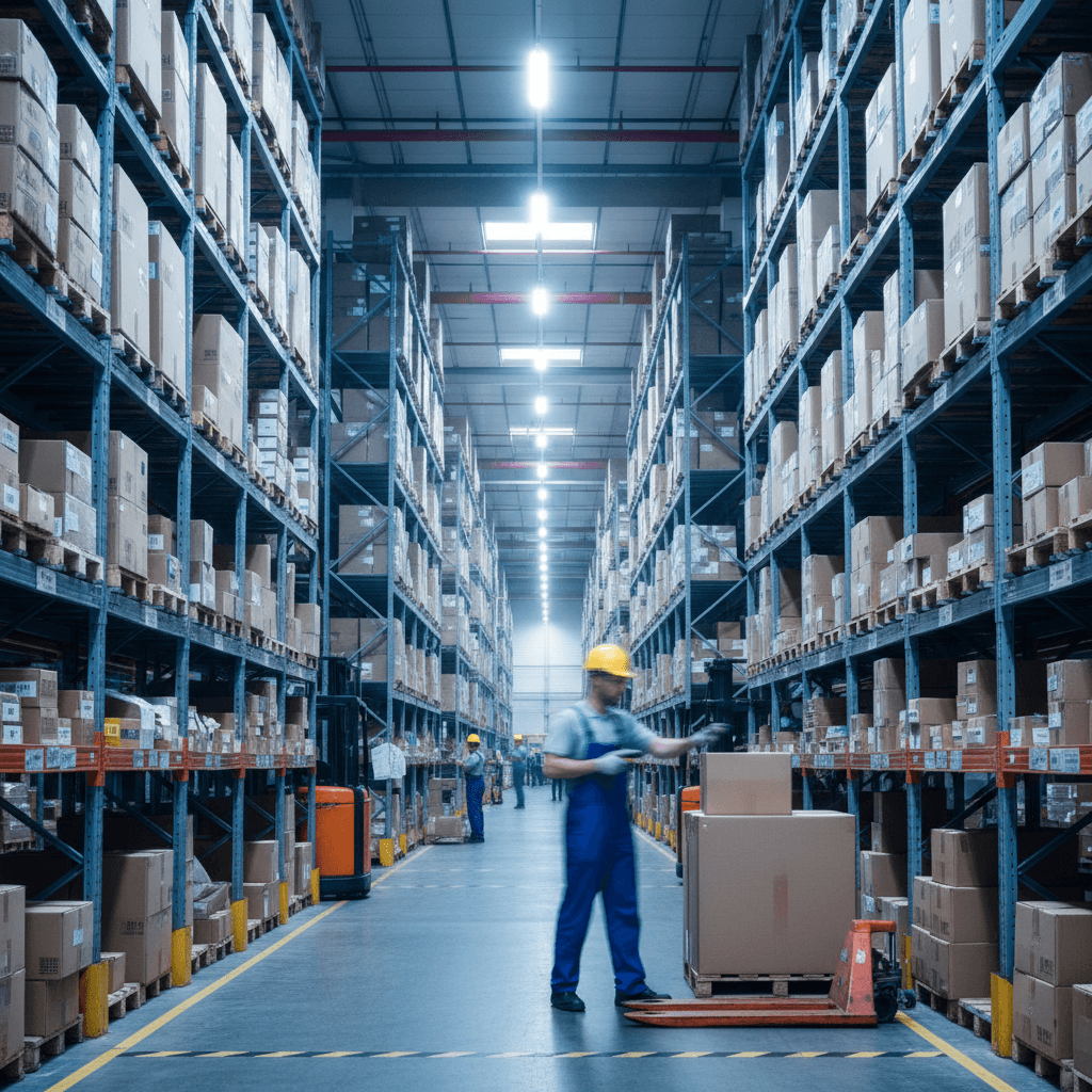 Warehouse worker scanning boxes on a high shelf