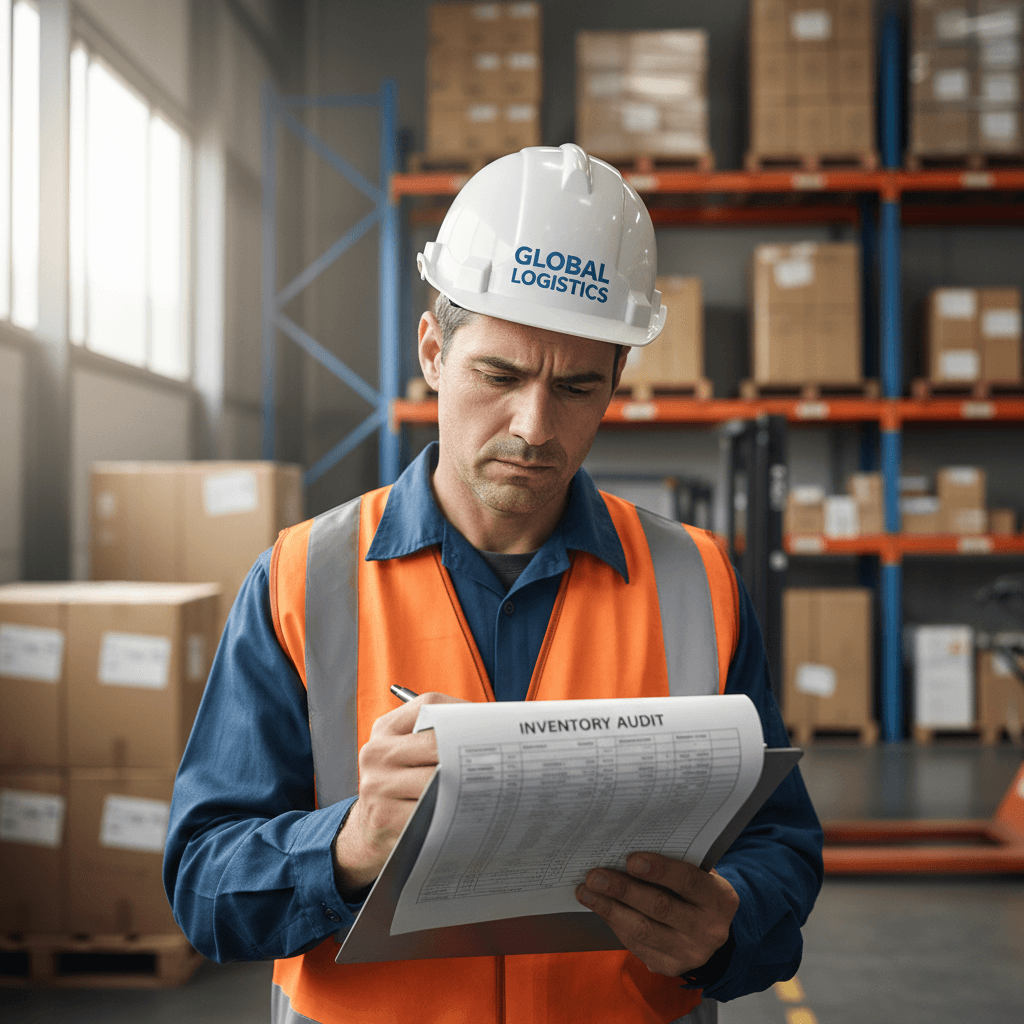Warehouse manager reviewing inventory paperwork on a clipboard