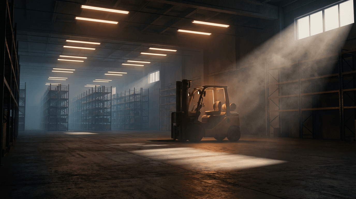 Logistics professional reviewing paperwork in a warehouse with freight pallets