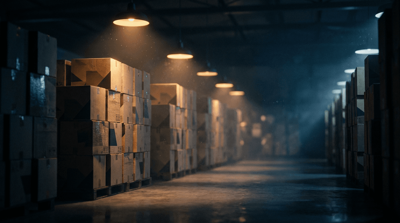 Warehouse interior with stacked cardboard boxes in warm and cool lighting, bokeh background.